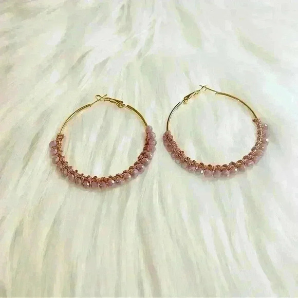 Rose Gold Beaded Hoop Earrings - Picture 3 of 6